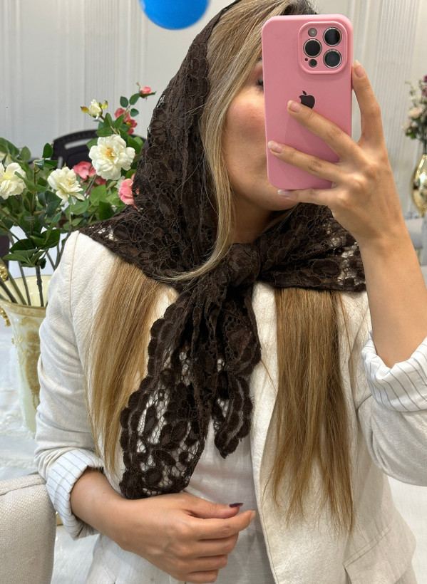 روسری مجلسی قهوه ای گیپور مخمل فرانسه لبه دالبر ( تک و عمده)