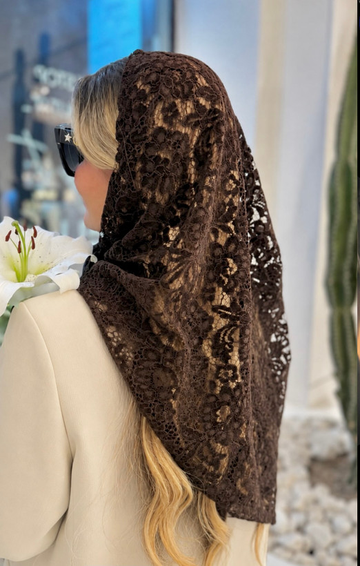 روسری مجلسی گیپور گل مخمل فرانسه( روسری قهوه ای)