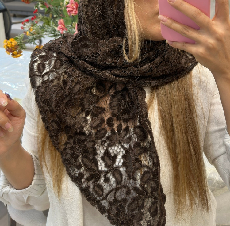 روسری مجلسی گیپور گل مخمل فرانسه( روسری قهوه ای)