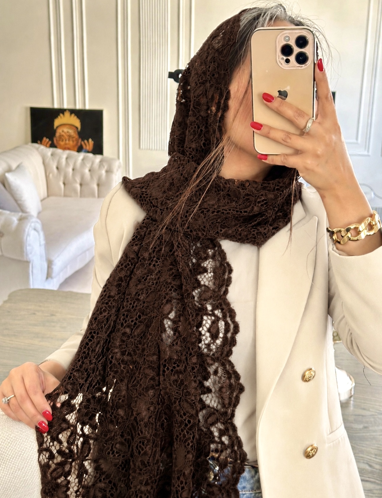 شال مجلسی قهوه ای گیپور گل مخمل فرانسه
