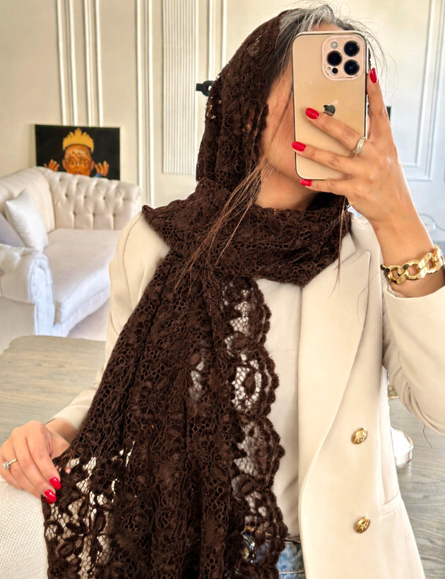 شال مجلسی قهوه ای گیپور گل مخمل فرانسه