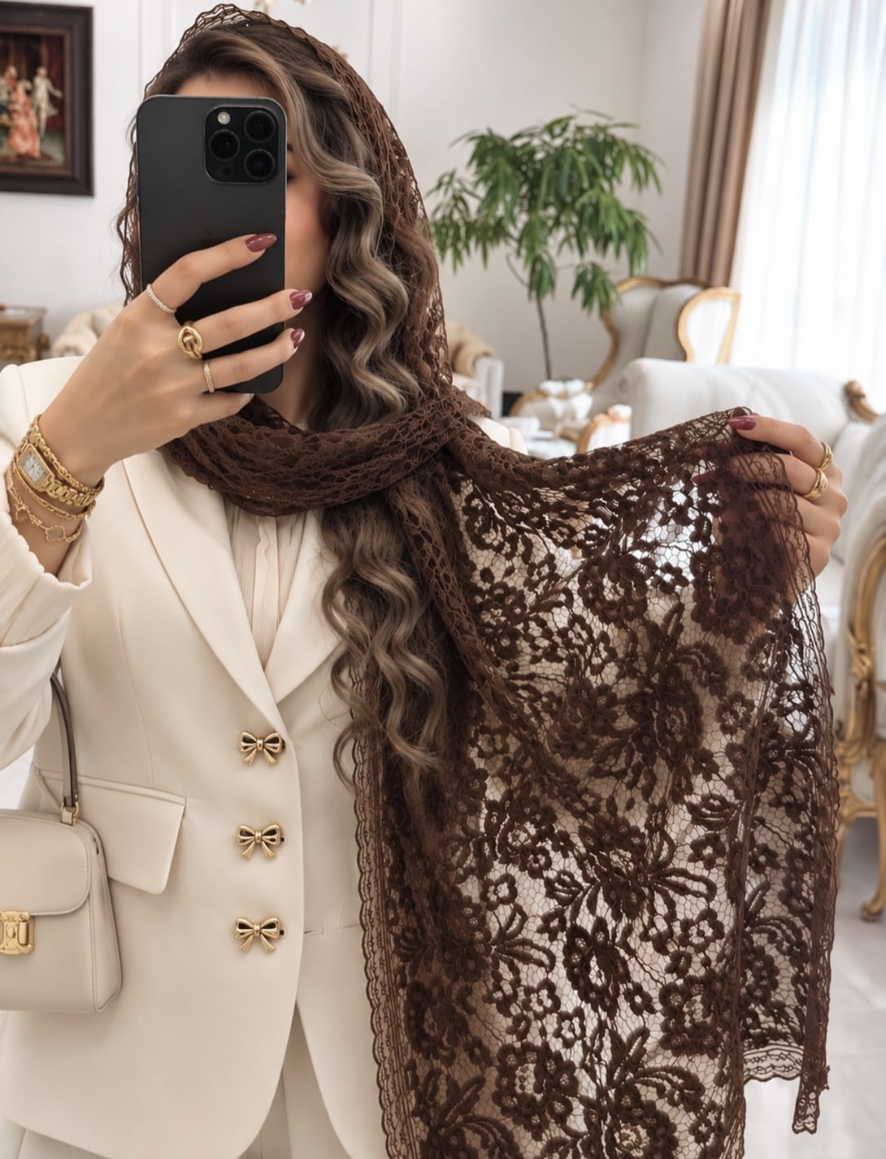 شال مجلسی گیپور گل مخمل لبه تور دانتل( قهوه ای)