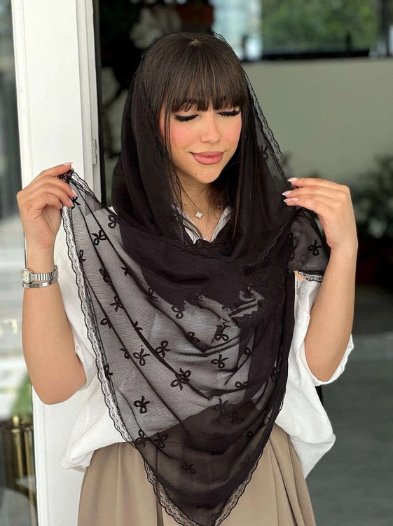 شال مجلسی پاپیون دور دانتل ( قهوه ای و مشکی)